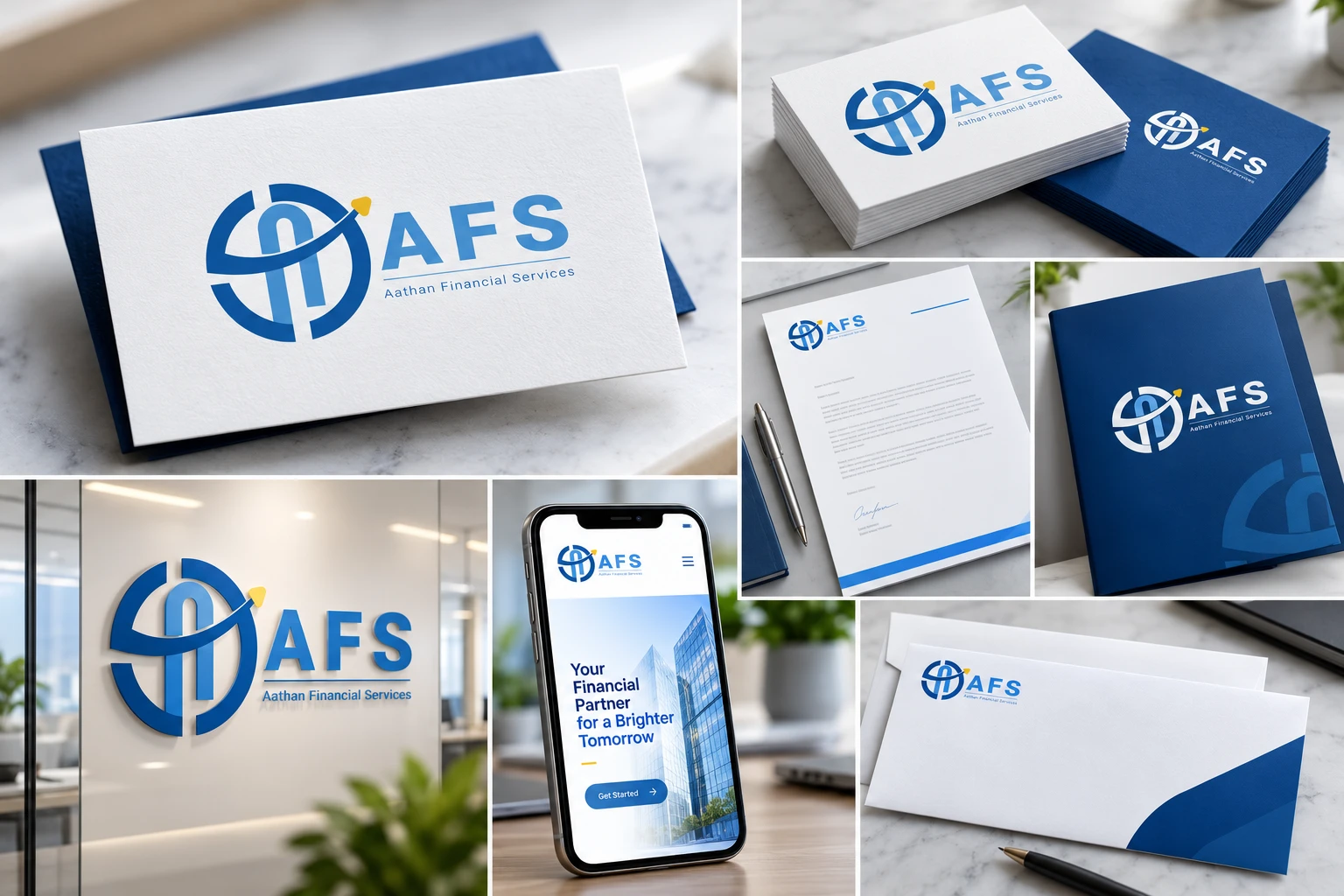 AFS brand identity applied to business cards, letterhead, folder, envelope, office signage and a mobile website