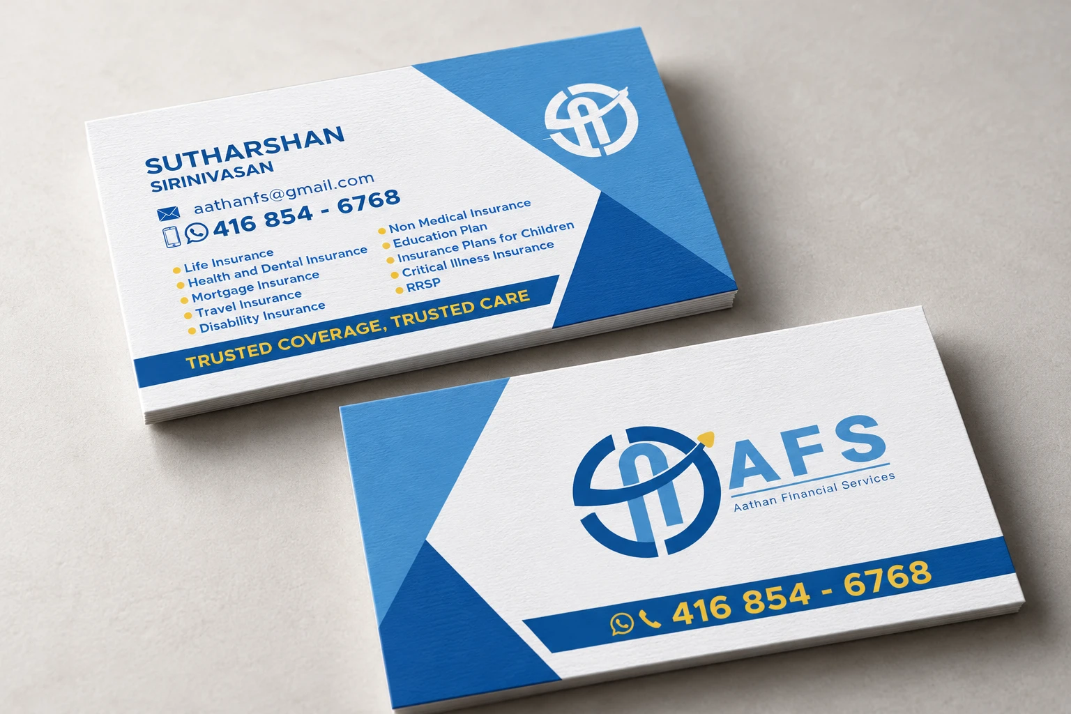 Aathan Financial Services business card, front and back