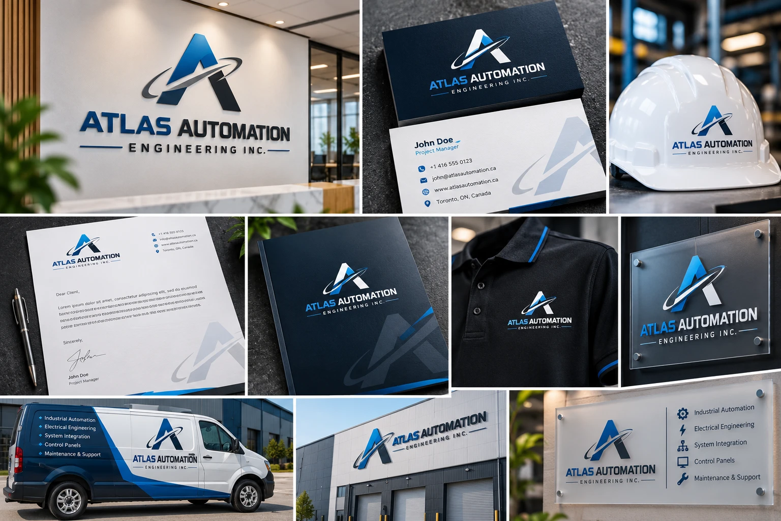 Atlas Automation Engineering brand concept applied to signage, stationery, uniforms and vehicles