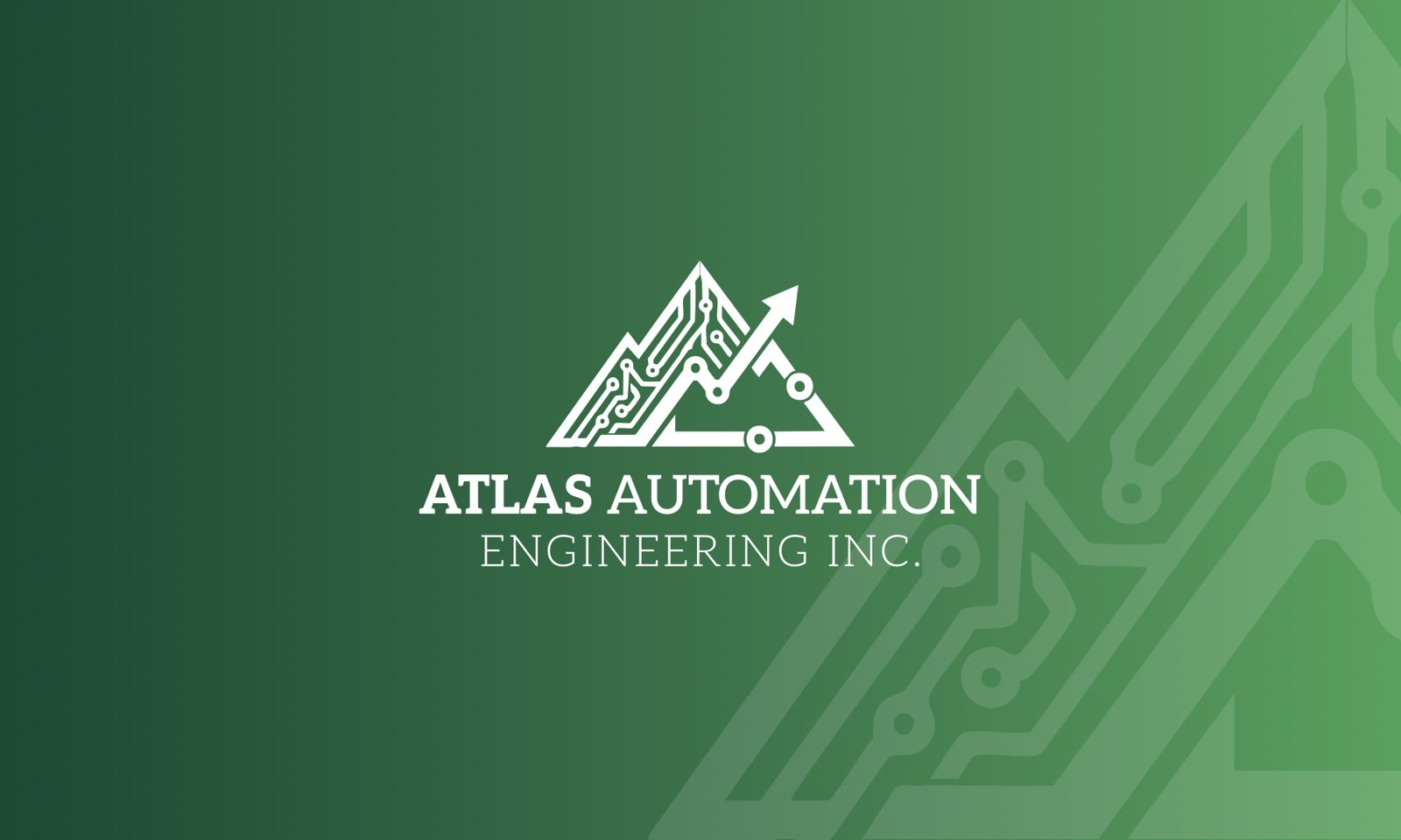 Atlas Automation Engineering business card front: white logo on a green gradient