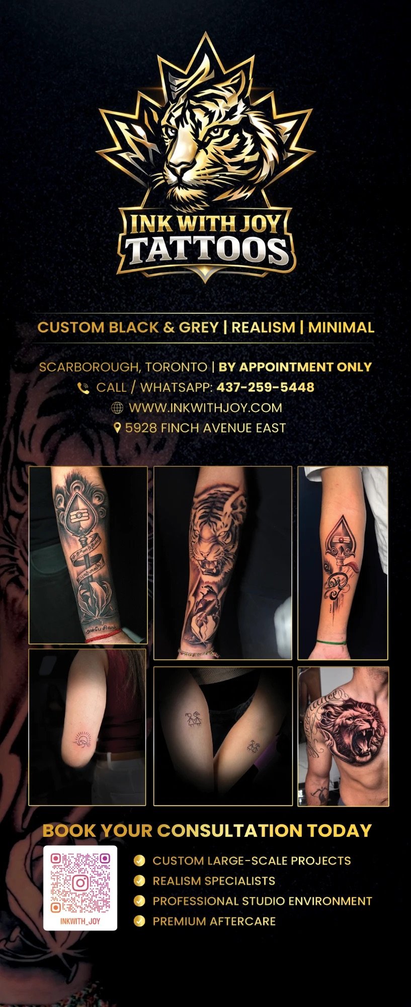 Full Ink With Joy Tattoos roll-up banner artwork: gold tiger logo, contact details, six tattoo photos and a booking call to action