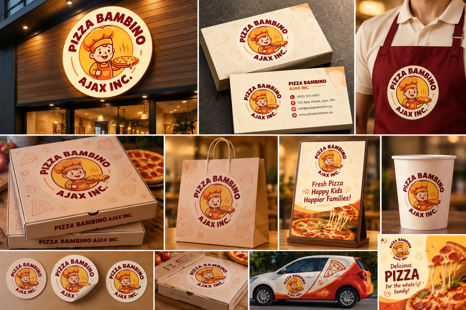 Pizza Bambino brand identity on signage, business cards, apron, pizza boxes, bags, menu stand, cups, stickers and a delivery car