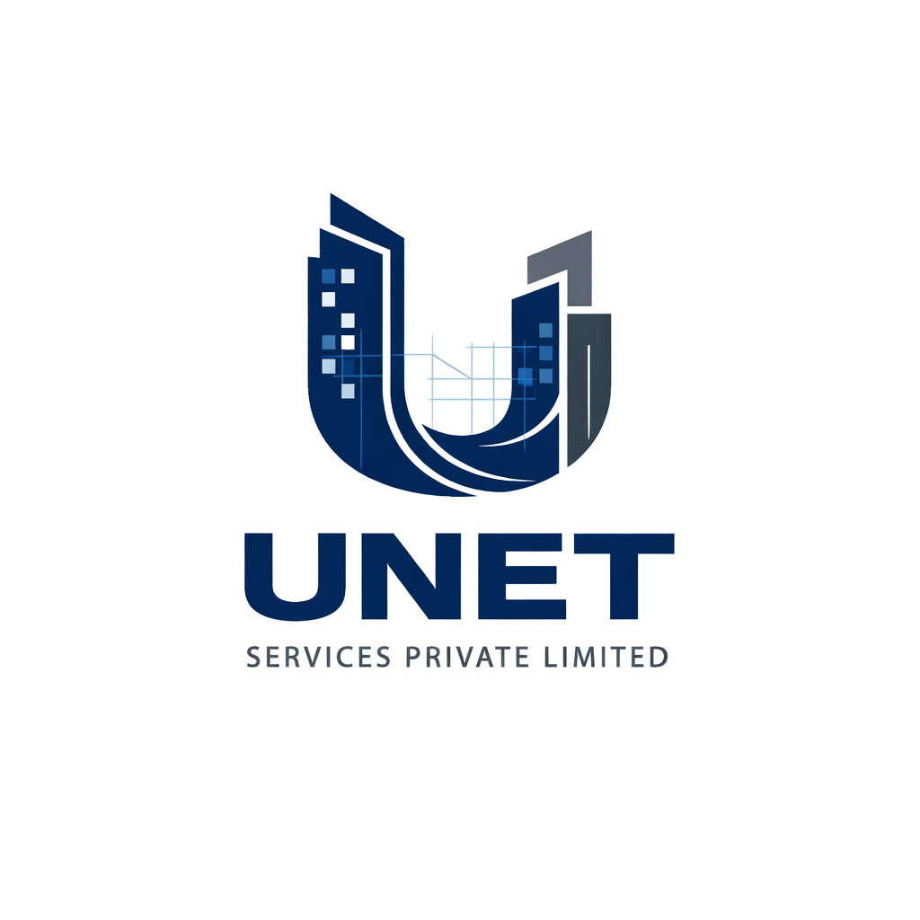 UNET Services Private Limited logo: a U formed from building towers with a blueprint grid