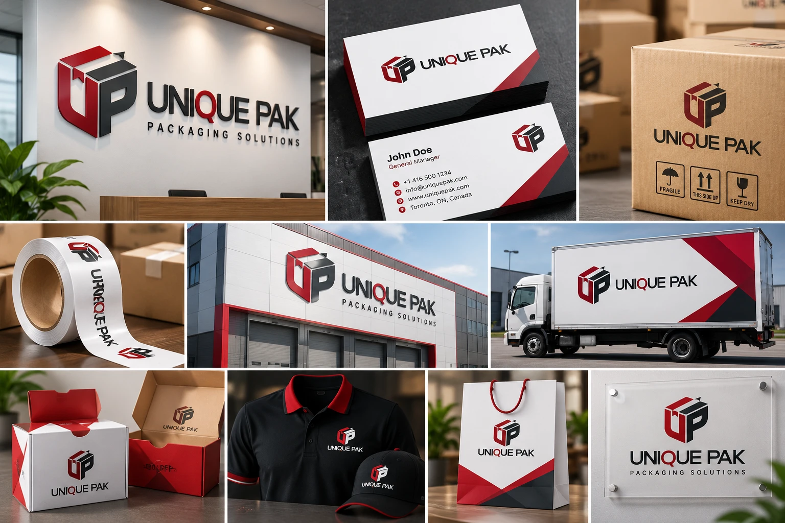 Unique Pak brand identity on signage, business cards, boxes, tape, trucks and uniforms