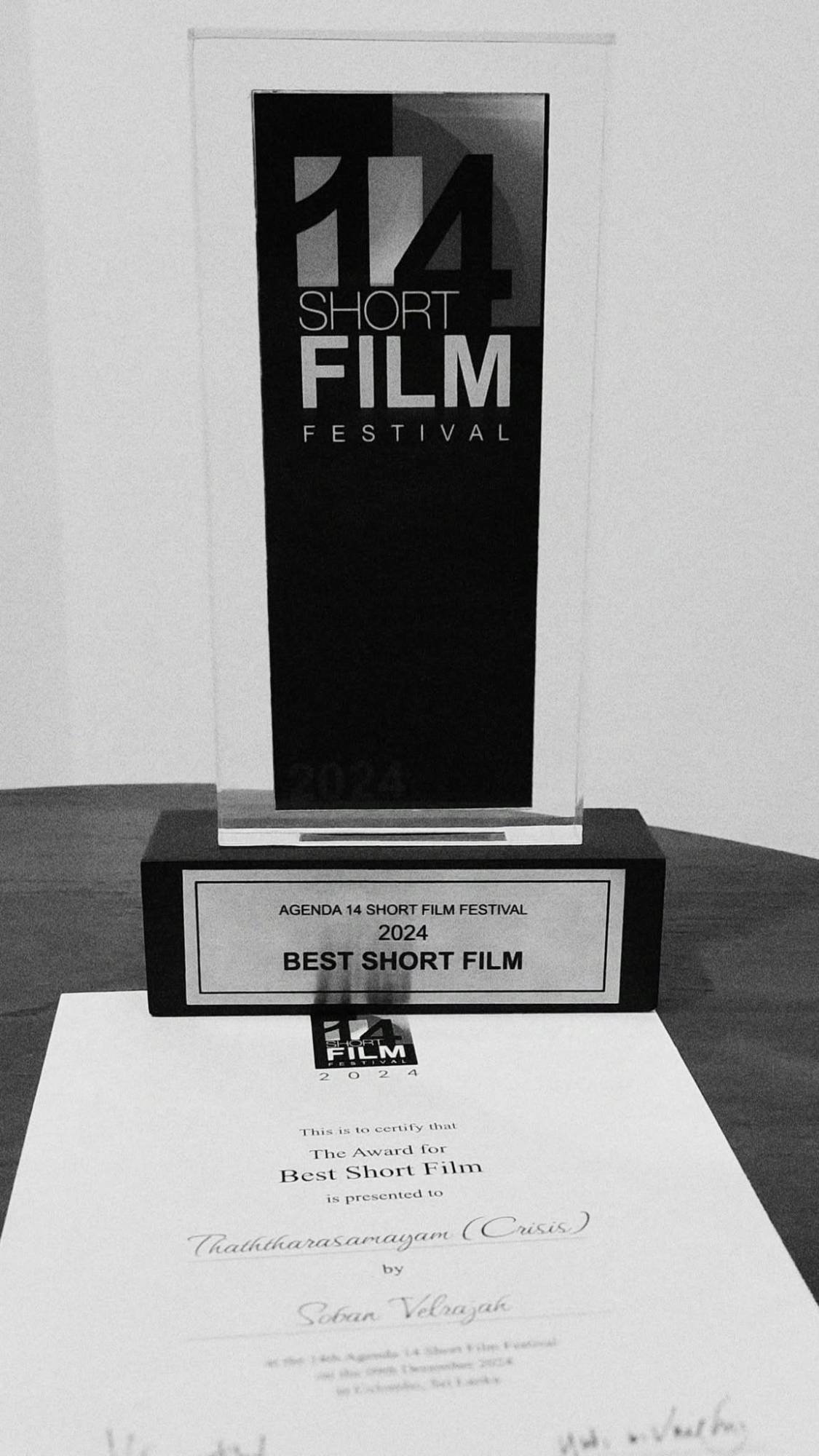 Agenda 14 Short Film Festival 2024 Best Short Film trophy with the award certificate for Thaththarasamayam (Crisis) by Soban Velrajah