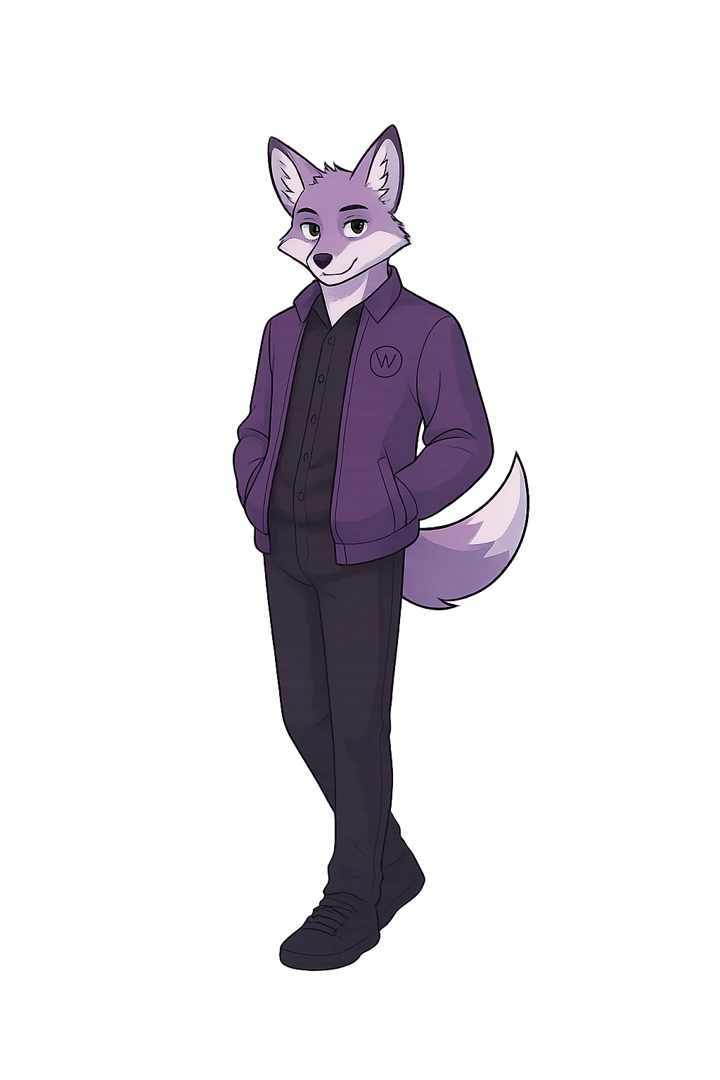 Full-length illustration of the WhiteFox mascot with hands in pockets