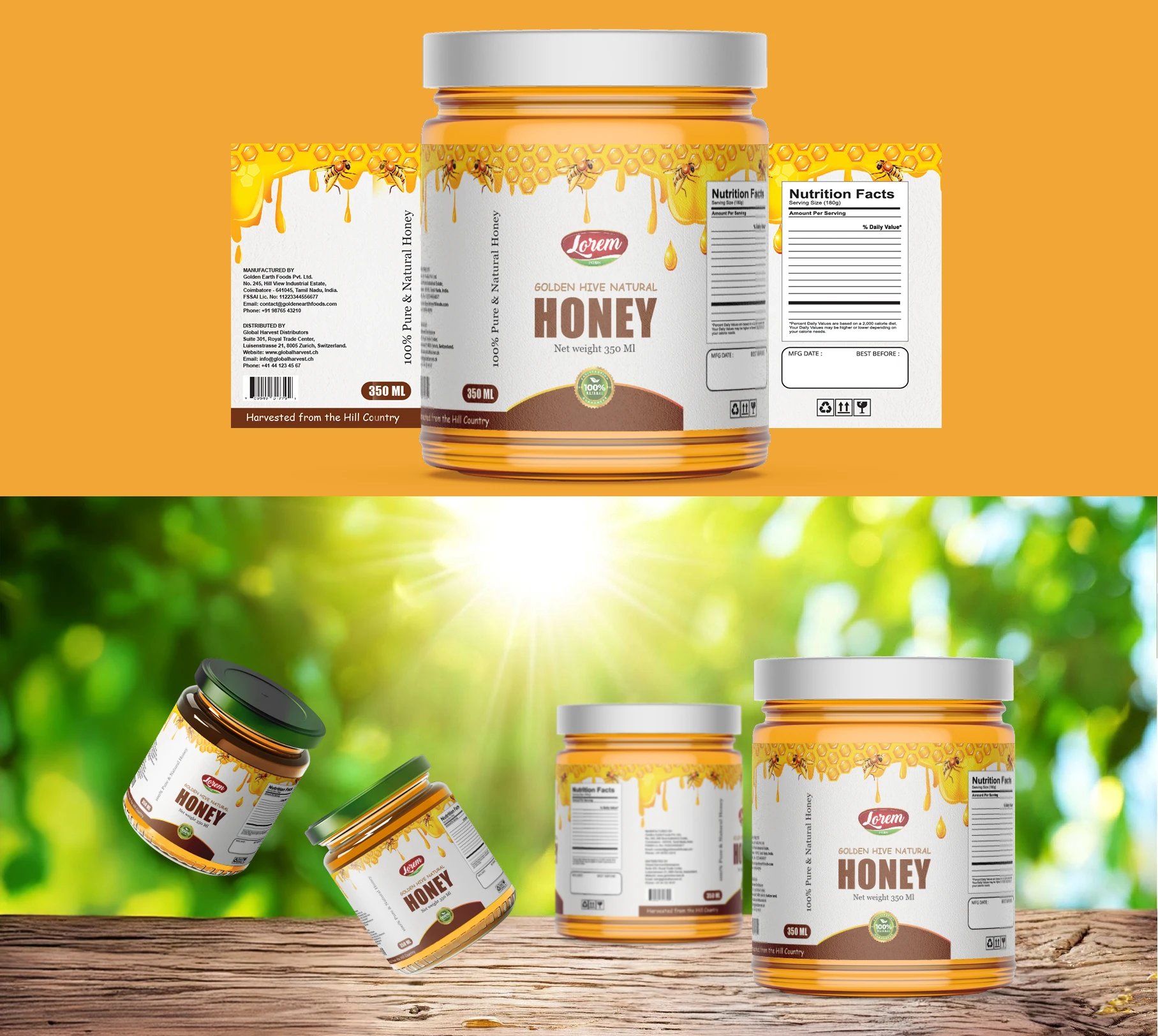 Golden Hive Natural Honey label shown flat around a jar and on glass jars outdoors