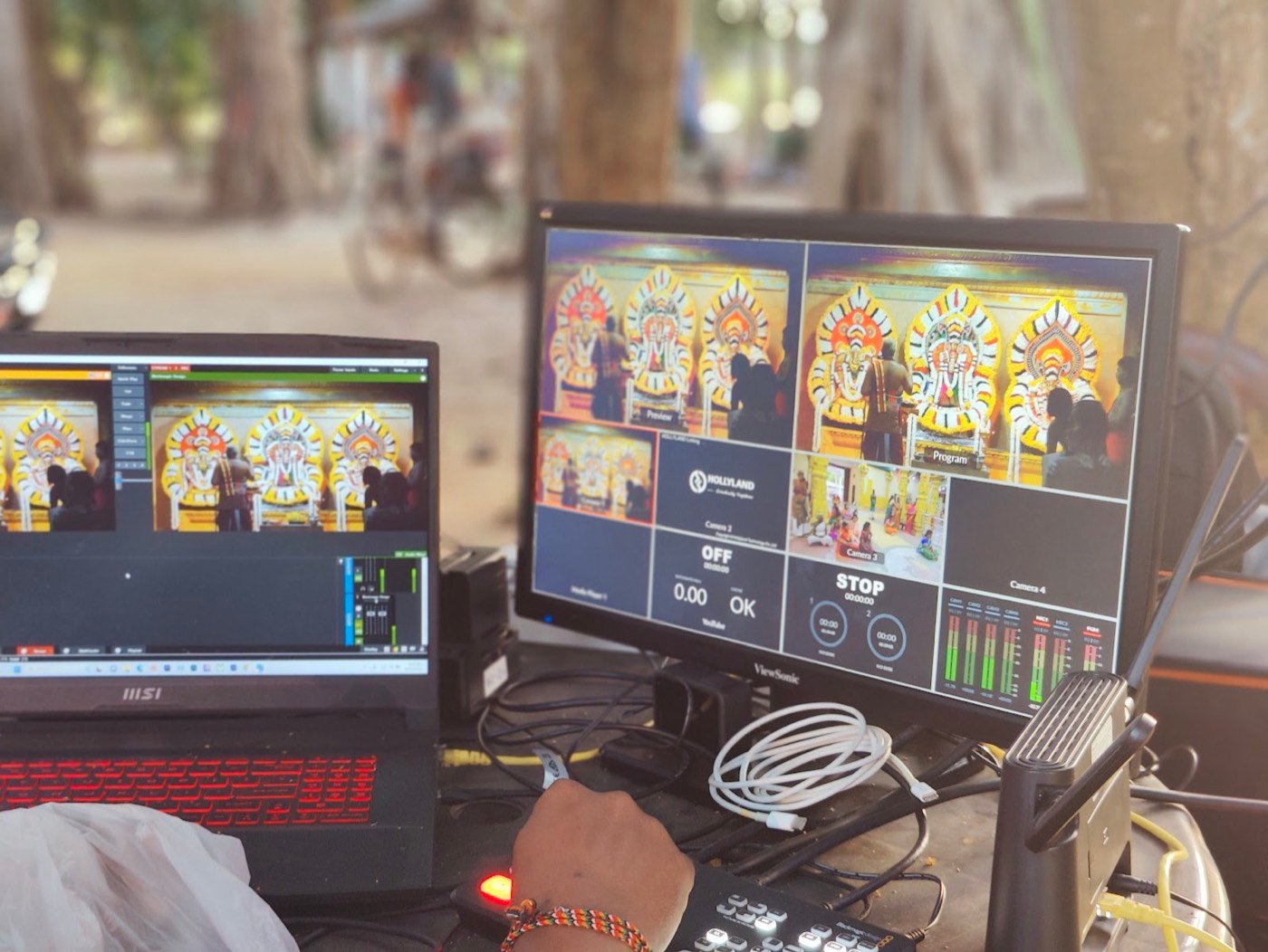 Switching a live temple festival stream on the multiview and laptop